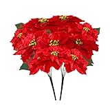 MATBAR Poinsettias Artificial Christmas Flowers Bouquet 2 Pack Large Red Poinsettia Flowers for Indoor Outdoor Xmas Tree Ornament Porch Home Garden Decorations (Flower Head-9.8inch)