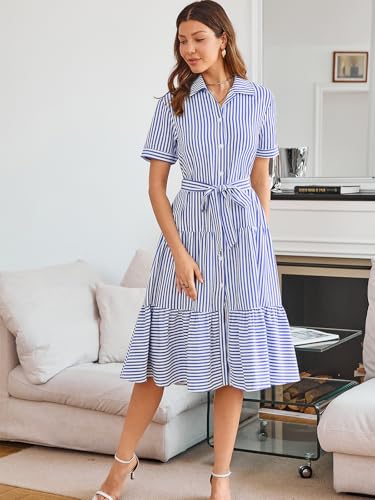 BROVAVE Summer Midi Dress for Women: Striped Button Down Casual Clothing - Collared Flowy Classy Short Sleeve Dresses4