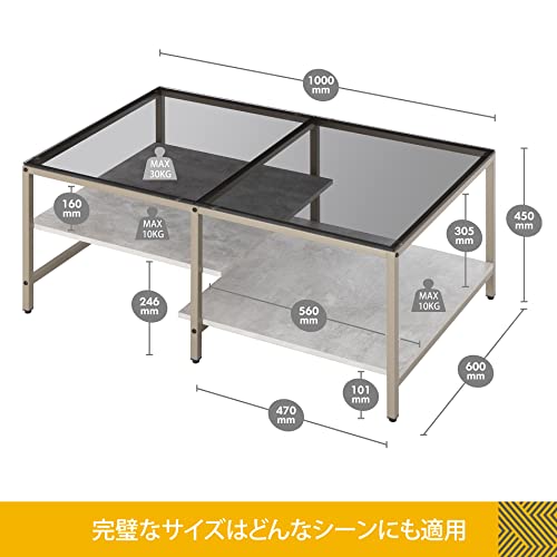 HOMOOI ローテーブル センターテーブル ガラステーブル 二段収納 強化ガラス 収納付き おしゃれ リビング 一人暮らし 幅100×奥行60×高さ45cm 岩グレー [3]