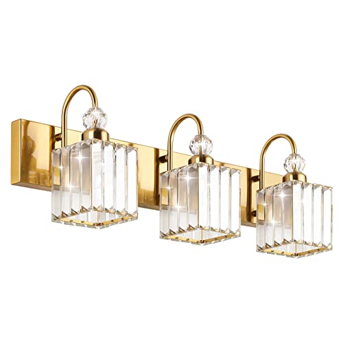 Image of Ralbay Modern Gold Crystal Vanity Lights for Bathroom 3-Lights Crystal Vanity Lights Over Mirror Modern Crystal Gold Bathroom Wall Lighting Fixtures