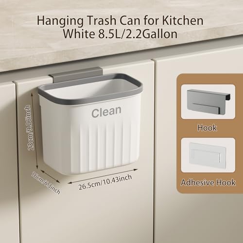 Image of Hanging Trash Can for Kitchen, 2.2 Gallon Kitchen Garbage Bin Food Waste Container Kitchen Compost Bin Wall Mounted Trash Can for Kitchen Cupboard Bathroom Bedroom Office Under Sink - White