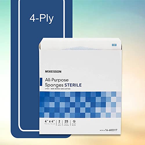 Mckesson All Purpose Sponges, Sterile, 4-Ply, 100% Cotton, 4 In X 4 In, 2 Per Pack, 25 Packs, 50 Total #TOP4