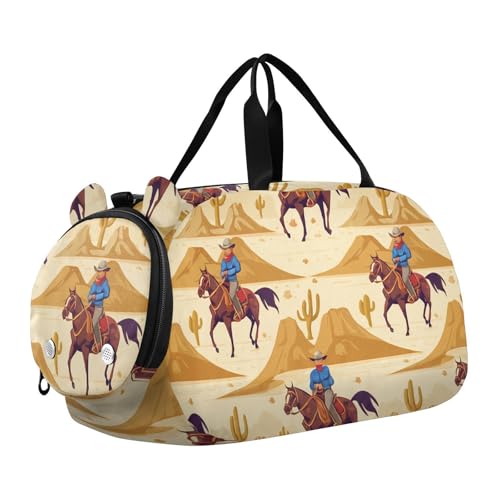 Flradish Cowboy Rides A Horse Across The Desert Kids Overnight Duffle Bag,Gymnastics Sports Dance Bag with Shoe Compartment & Wet Pocket, Travel Weekender Tote for Boys & Girls