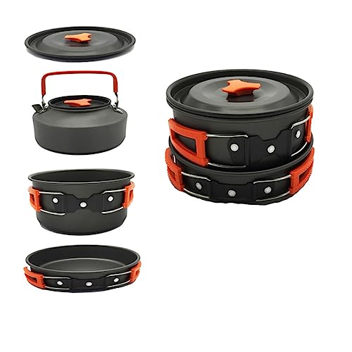 KESYOO 1Set Portable Camping Cookware Person Teapot and Cooking Pan Durable Outdoor Cooking Utensils for BBQ Hiking and Backpacking Orange