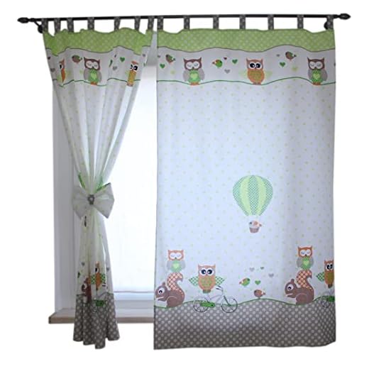 Cortinas con Trabillas para Habitación Infantil 2, Buhos 2 Verde, c. 155x95 cm