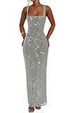 Hoepoly Women Sequins Backless Sexy Maxi Gown Sparkle Glitter Prom Dresses Long Square Neck Sleeveless Sexy Bodycon Party Club Dress 16 Silver