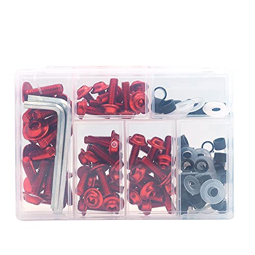 ANCLLO 158-teiliges Motorrad-Verkleidungsschrauben-Set, M5, M6, Karosserieschrauben, Unterlegscheiben, Muttern, Schrauben, Clips (rot)