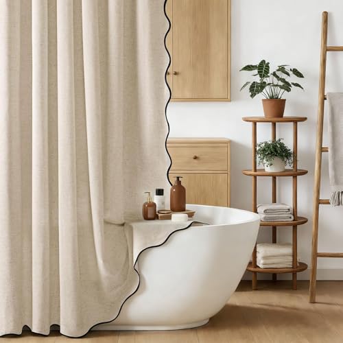 Angju Linen Shower Curtain Scalloped Bathroom Curtain with 12 Metal Hooks Boho Heavy Duty Washable Waterproof Thick Cloth Shower Curtains Liner with Black Border for Bathroom Hotel Bathtub (Beige)
