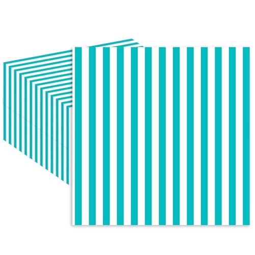 Stxys Striped Teal Napkins (Non-Toxic Ink) Turquoise Aqua Paper Cocktail Napkins Teal and White Disposable Napkin set (50ct) 5 x 5