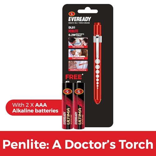 Image of Eveready Penlite DL01, Pocket Size 0.2W Doctor's Torch, Soft Yellow LED Light, Pupil Gauge, Durable Aluminium Body, Powered by 2 AAA Ultima Alkaline Batteries (Included)