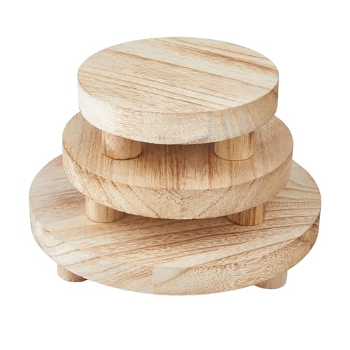 SUPERFINDINGS 3 Dimensioni Espositore In Legno Alzati Base In Legno Rotondo Piatto Vassoio In Legno Rustico Espositore Per Casa Bagno Cucina Banco E Organizzazione 20/15.2/12.6cm
