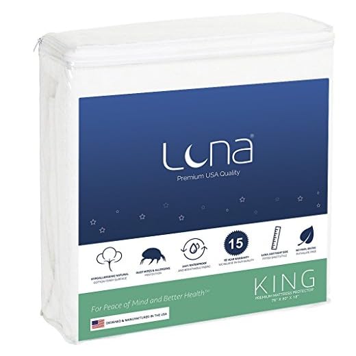 Luna King Size Premium Hypoallergenic Waterproof Mattress Protector - Made in The USA - Vinyl Free