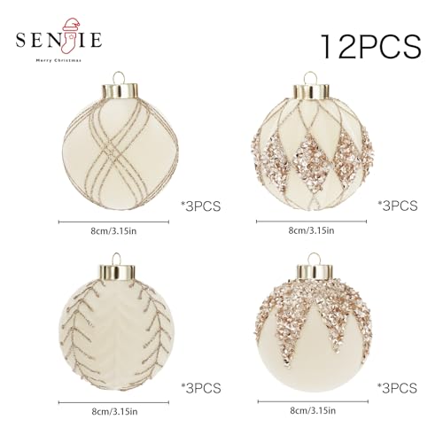 Image of 3.15IN Velvet Ornaments for Christmas Tree, 12pcs Flocked Ornaments Balls | beige cream velvet christmas ornaments set,hanging neutral felt flocked balls bulk plastic shatterproof for tree decorations