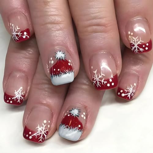 Christmas Press on Nails Short Square Fake Nails with Snowflake C...