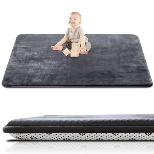 Image of Thick Baby Play Mat for Floor,59 x 71 Playpen Mat,Large Tummy Time Foam Mats,Ultra Soft Support & Plush Feel Nursery Rug,Easy Care with Non-Slip Cushioned for Infant,Kids and Toddler Crawling,Dark Grey