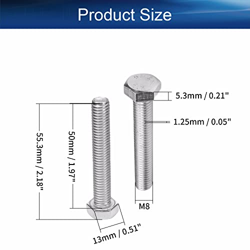 Image of Bettomshin 5Pcs M8 x 50mm Hex Bolts, 304 Stainless Steel 1.25mm Thread Pitch Fully Threaded Metric Hex Head Screw Bolts, Hexagon Screw Bolt, Hex Tap Bolts, Silver, A2-70 (Overall Size 55.3x13x13mm)