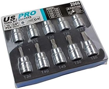 US PRO 10pc 3/8dr TorxStar Bit Socket Set 48mm (L) T10 TO T55 2066