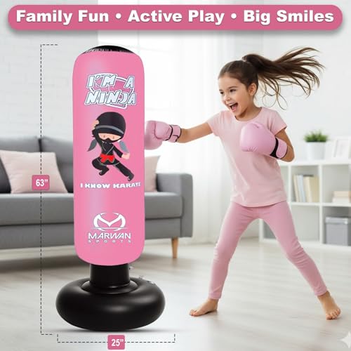 Image of Marwan Sports Ninja Kids Punching Bag - Inflatable Sensory Toy & Birthday Gift for Boys & Girls Ages 4-12, 63 inch Freestanding 5-in-1 Kit, Indoor Apartment-Quiet Sensory-Friendly Active Play