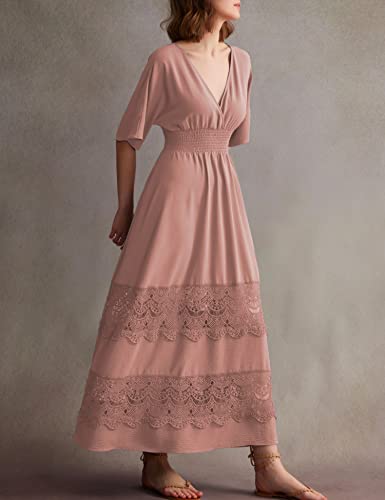 Image of Olaesa Boho Maxi Dress V Neck Short Sleeve Lace Smocked Waist Flowy Dress | Wedding Guest Dress with Pockets, Summer Bohemian Vacation Dress, Elegant Party Dress for Family photo& Baby Shower