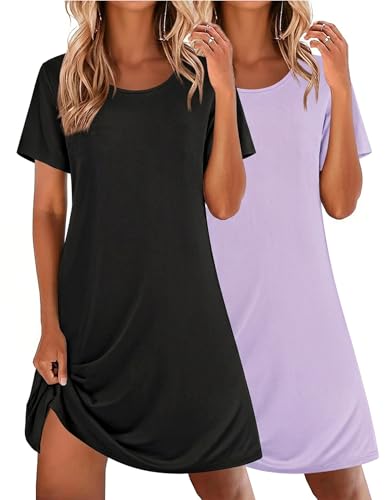 Image of Ekouaer 2 Pack Nightgowns for Women Sleepshirt Short Sleeve Night Shirts