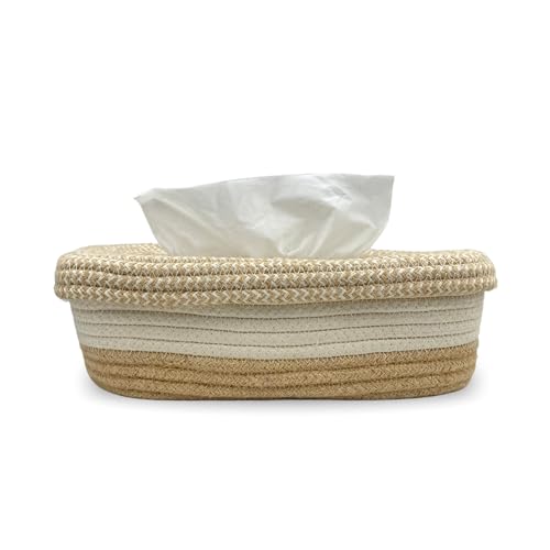 Image of BOBBINY Jute Cotton Tissue Box Holder, Handcrafted Tissue Container for 100 Pulls Natural Tissue Holder for Office Living Bedroom Car Desk Dining Table Home Decor (Off White & Brown, Design 7)