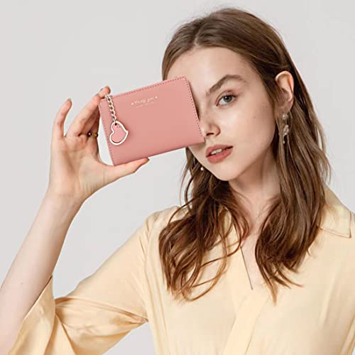 Sunwel Fashion Small Wallet With Heart Pendant Bifold Wallet Zipper Pocket Cash Card Holder Coin Purse For Women Girls (Pink, Heart Charm) #TOP5