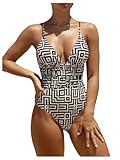 Verdusa Women's One Piece Elegant Graphic Swimsuit Criss Cross Tie Back Monokini Black Medium