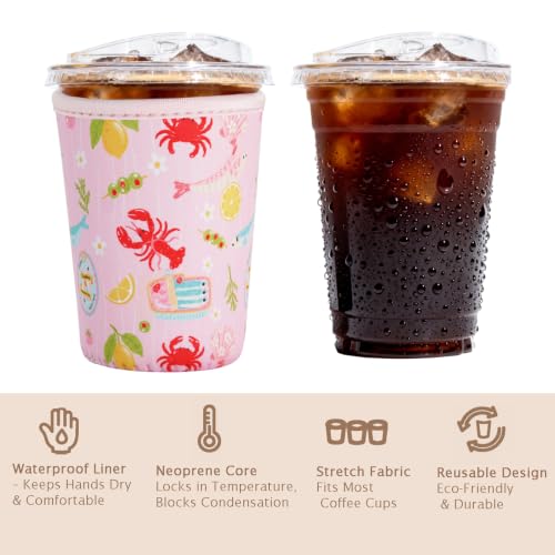 Image of Reusable Insulated Sleeve for Iced Coffee Cup, Coffee Neoprene Sleeve for Cold & Hot Drinks, Beverage Holder for Iced Coffee (Coastal Catch, Medium: 22-24oz)