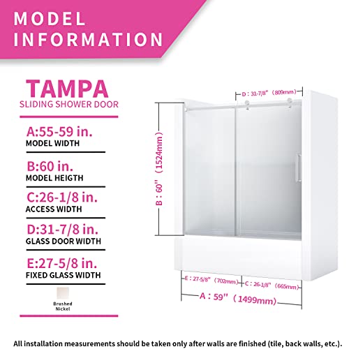 Ckb Tampa Single Sliding Frameless Bathtub Shower Doors, 55-59 Inch Width Adjustable X 60 Inch Height, 5/16 Inch Tempered Glass With Hardware Kit, Brushed Nickel Finish. #TOP5