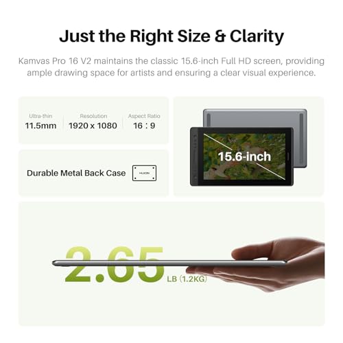 Image of HUION Kamvas Pro 16 V2 Drawing Tablet with Screen, 16384 Levels Pen, 15.6 inch | Battery-Free PenTech 4.0, Full Lamination Canvas Glass 2.0, Smart Touch Bar and 6 Keys, Works with PC, Mac and Linux