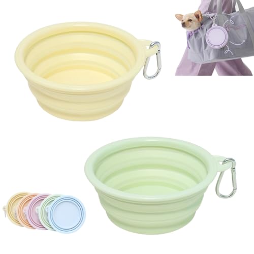 SAKURAN 折りたたみ ペットボウル シリコン製 給水 給餌 携帯便利 軽量 カラビナ付き 散歩 登山 防災 避難 旅行用 2個セット (イエロー＆グリーン, S)
