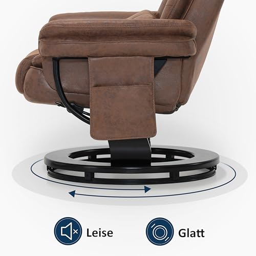 M MCombo Relaxsessel mit Liegefunktion, Lesesessel, 360° Drehbarer Fernsehsessel, mit Hocker, mit Kissen & Seitentasche, bis 120 Kg Belastbarer TV-Sessel für Wohnzimmer, 9099 (Mikrofaser, Braun) – Bild 6