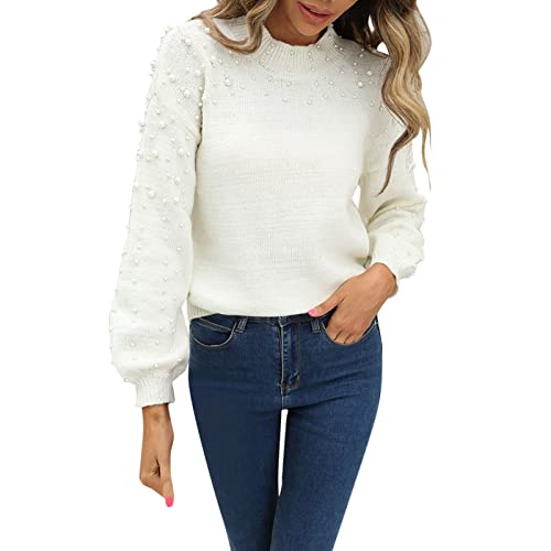 Suéter de manga larga de cuello redondo con perla de punto suelto para mujer, Blanco, L