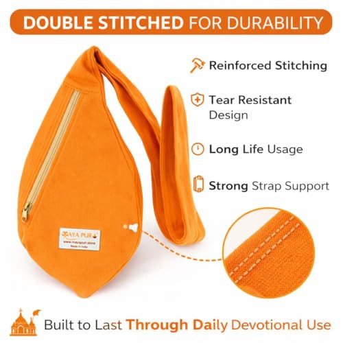 Image of Pure Cotton Original Gomukhi Japa Mala Bag, Chanting Bag or Prayer Beads Bag with Zip Pocket and Sakshi Mala Counter (Saffron Bhagwa)