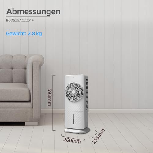 Schuss Home 3in1 Luftkühler mit Luftbefeuchtung – 5L Wassertank, Oszillation, Fernbedienung & Timer | Mobiler Ventilator für angenehme Kühlung