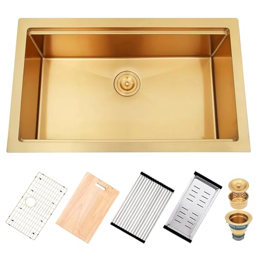 32" x 19" Gold Undermount Kitchen Sink Workstation Single Bowl Sink 18 Guage Stainless Steel Deep Sink with Accessories Set, 32-Inch Drop In Sink with Drying Rack, Grid, Colander, Basket Strainer -  CBDOIT, WS321910ST