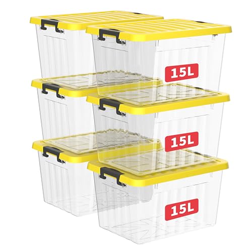 Cetomo 15L*3 Scatole di Stoccaggio con Coperchi, Contenitori in Plastica con Fibbie di Chiusura, Clip On, Impilabili, Incastonabili, Organizzatore a Righe per Casa Ufficio, Giallo, Chiaro, 15L-3 Pezzi