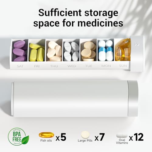 Image of Betife Travel Pill Organizer Weekly 7 Day, Compact Daily Pill Box, Portable Medicine Case, Cute Pill Holder for Vitamins Supplements, Drawer-Shaped Pills Organizer (Pearl White)