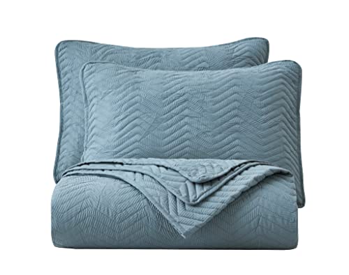 Chezmoi Collection Weaver 3-Piece King Size Quilt Set, Dusty Blue Crushed Soft Microfiber Lightweight Bedspread Zig Zag Chevron Quilted Reversible Coverlet All Season Crinkle Textured Bedding Set #TOP2