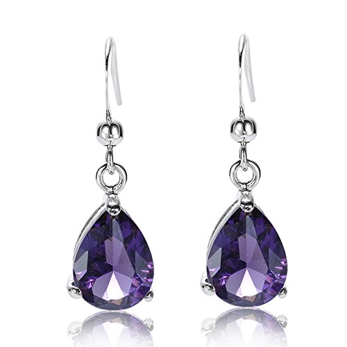 Image of [RIZILIA TEARDROP] Dangle Pierced Earrings with Pear Cut Gemstones CZ [Purple Amethyst] in 18K White Gold Plated, Simple Modern Elegance