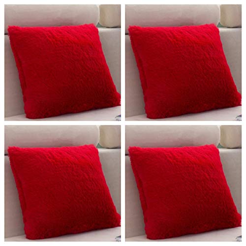 SET OF 4 - Extra Soft Teddy Bear Faux Fur Fleece Cushion Covers 45cm x 45cm / 18x18-14 Amazing Colours (Red)