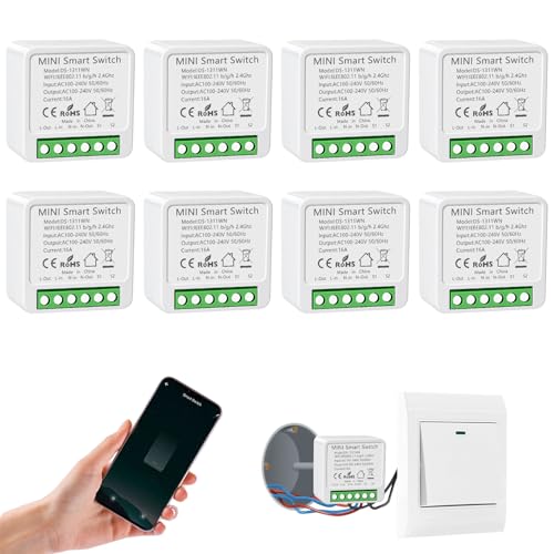 Interruttore Alexa Luci, WiFi Interruttore della Luce, Controllo Vocale/Timer, Mini Interruttori della Luce Smart Home, Compatibile con Alexa, 1 via/2 vie, Interruttor Wi-Fi (8 pezzo)
