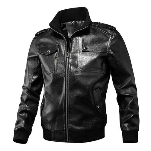Generisch Chaqueta de cuero para hombre ligera: chaqueta de moto con cuello alto, chaqueta de piel sintética con muchos bolsillos, chaqueta de motorista, chaqueta bomber de gran tamaño, chaqueta