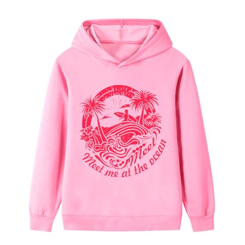 Girls Palm Graphic Hoodie Beach Cute Hoodies Kids Preppy Sweatshirt Ocean Pullover Long Sleeve TopPink-170cm