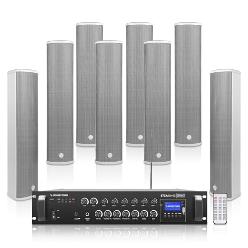 Sound Town Commercial Restaurant Bluetooth Amplifier + Column Speaker Set, with One 6-Zone 70V/100V Amplifier with Bluetooth, 8 x All-Weather Four 5-Inch Column Speakers, Grey (STCA600X8CL45G)