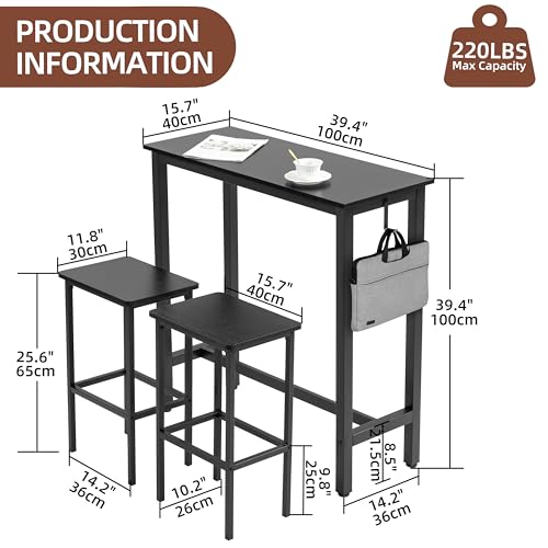 Finnhomy Bar Table Set, 39.3\" Pub Table High Top Table, Rectangular Bar Height Table, Bar Table with Stools, Kitchen Table Set for 2, Industrial Breakfast for Kitchen, Living Room, Rustic Black - Thumbnail 5