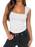 PINKMSTYLE Cute Double Lined Square Neck Tank Tops for Women Basic Summer Outfits Fitted Sleeveless Tops White Small