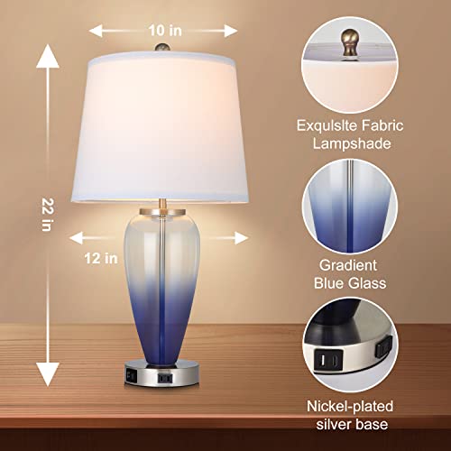 Akasuki Blue Glass Modern Table Lamp For Living Room Set Of 2 With Usb Port And Outlet, 3-Way Dimmable Touch Control Bedside Lamps For Bedroom Nightstand Decor, 22" H X 12" W (Led Bulbs Included) #TOP5