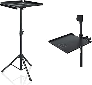 Gator Frameworks Adjustable Multi-Media Gear Stand Featuring 100x100 Vesa Mounting Brackets & Microphone Stand Clamp-On Utility Shelf; 9" x 9" Surface Area, Black
