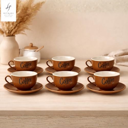 Image of Hitkari Porcelain Cup Saucer Set of 6 for Tea 220 Ml 6 Cups & 6 Saucers | 12 Piece Tea Coffee Set | Elegant Glossy Finish Teaware Microwave & Dishwasher Safe Colors CS3 - Brown